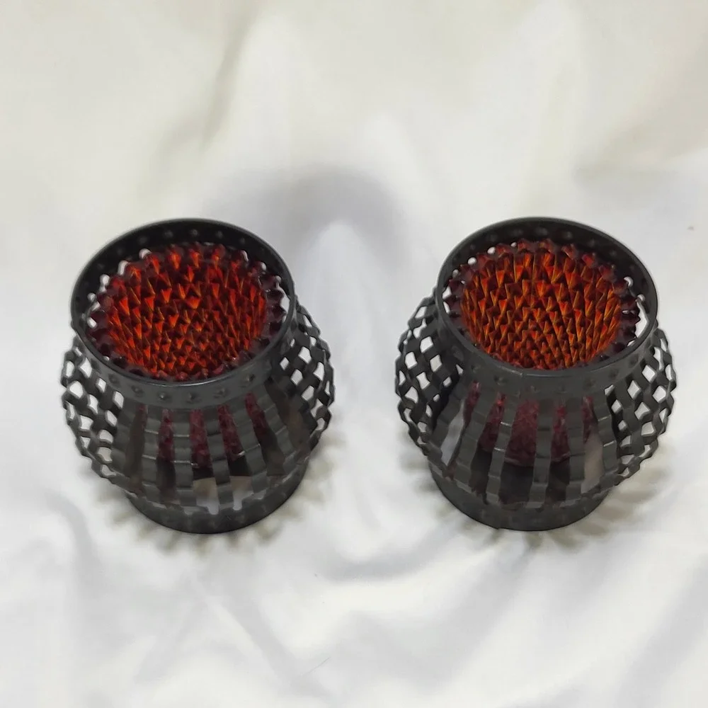 Vintage Ruby Red Diamond Point Glass Peg Votive Candle Holders Metal Cage Set 2